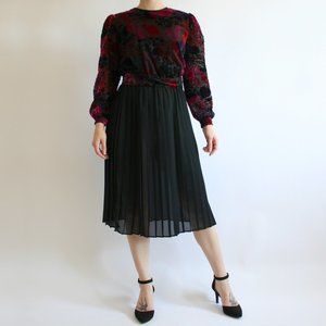 70s sheer floral psychedelic velvet bishop sleeve pleated accordion skirt dress